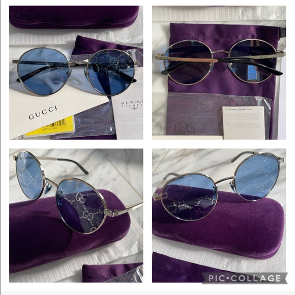 GUCCI “GG” INTERLOCKING LOGO IMPRINTED ON BLUE / SILVER MIRROR ROUND SUNGLASSES - Picture 14 of 16